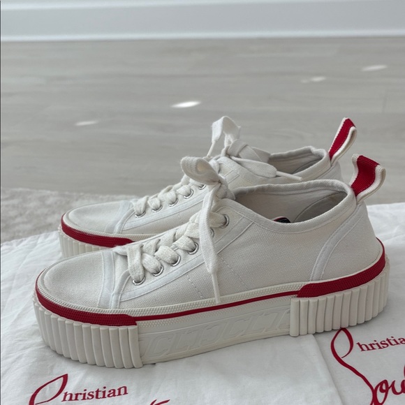 Christian Louboutin White Sneakers with Red Trim - Picture 3 of 6